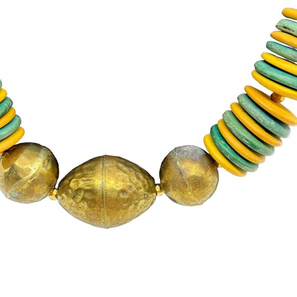 Kukui Nut Bead Necklace Statement Wood Brass Earthy Distressed Brass Vintage - Picture 4 of 16